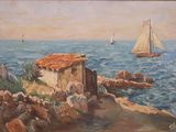 a painting of a boat in the water near a building