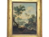une peinture à l'huile représentant un paysage avec du bétail paissant au premier plan