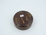 an image of a wooden box with a clock on top of it