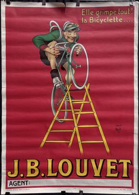 a poster of a man riding a bicycle on a ladder