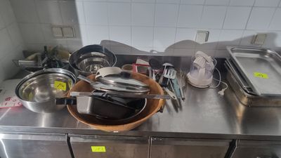 many pots and pans on the counter in the kitchen
