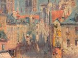 peinture d'une vue d'une ville avec une tour d'horloge en arrière-plan