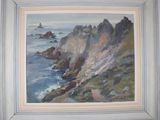 une peinture à l'huile représentant une côte rocheuse avec un phare au loin