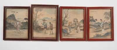 Chine, XXe siècle, Quatre encres et couleurs sur soie, repré…