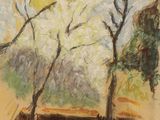 une image représentant un tableau avec des arbres et un banc dans un parc
