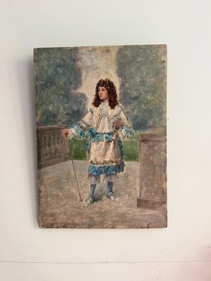 a painting on the wall of a woman with a cane