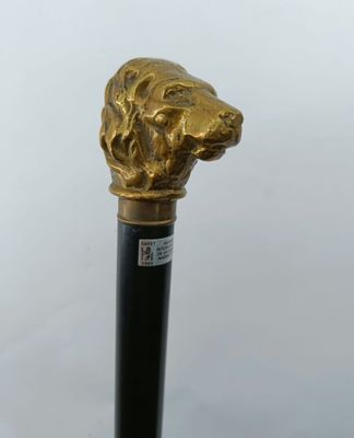 a close up of a golden dog head on a black cane