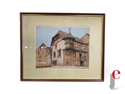peinture représentant un vieux bâtiment, encadrée, sur fond blanc