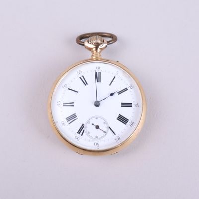 a gold pocket watch with roman numerals on the face