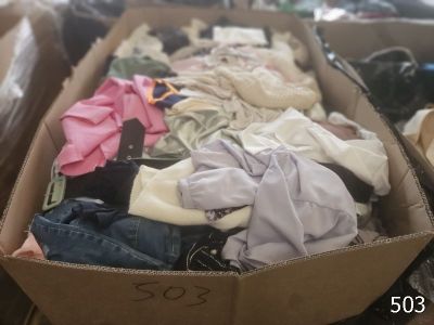 a cardboard box full of clothes and other items