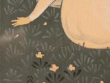 a painting of a woman sitting in the grass