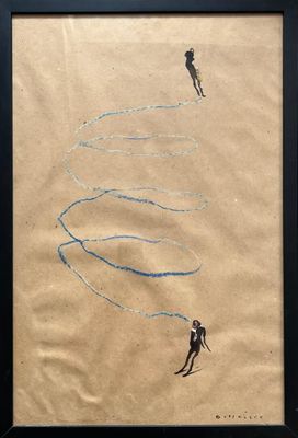 painting of two people on skis with a blue line drawn on the ground