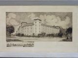 drawing of a large building with a clock tower on top of it