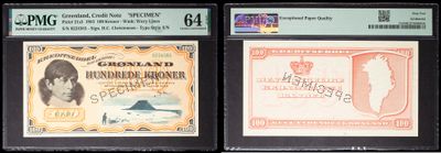 three different types of currency are on display in a display case