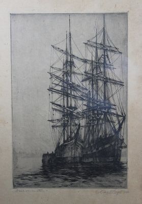 an old picture of a ship in a body of water