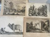 quatre gravures anciennes représentant des animaux et des personnages dans un paysage