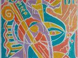 a painting of a colorful abstract painting on a white wall