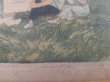 a picture of a painting of two people sitting in the grass