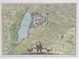 an old map of a city with a man and a dog on it