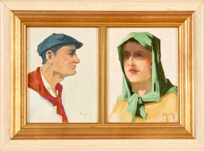 tableau représentant un homme et une femme portant des chapeaux et des écharpes