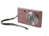 a pink digital camera with a strap on it