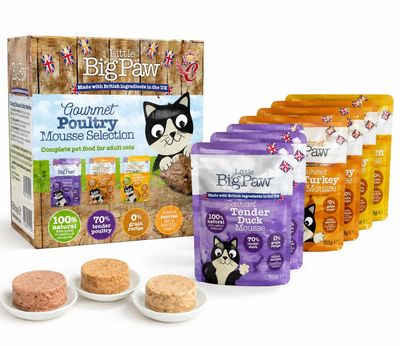 les grandes pochettes en forme de patte sont remplies de friandises pour chats et de gourmandises