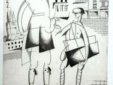 drawing of a man and a woman standing in front of a building