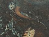 a picture of a painting of a man with a bird on his shoulder
