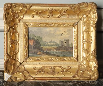 painting of a view of a castle in a gold frame