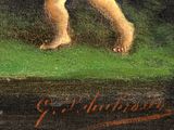 an oil painting of a man holding a tennis racquet on top of a lush green field