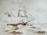 painting of a sailing ship in rough water with other ships in the background