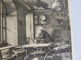 un dessin représentant un homme assis à une table dans une pièce