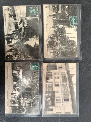 four old black and white photographs of people in a city