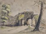 drawing of an old stone gate with a tree in the foreground