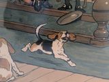a painting of a dog playing with a frisbee on the floor