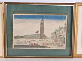 three framed pictures of buildings and a clock tower in a room