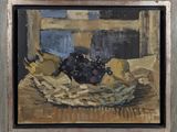 painting of a basket of grapes and pears on a table