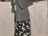 a painting of a woman standing in front of a counter