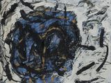abstract painting of a blue and black flower on a white surface