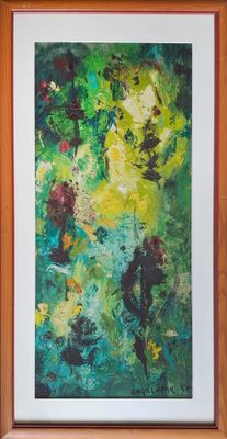 painting of a green and yellow abstract painting in a wooden frame