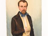 tableau représentant un homme en costume et nœud papillon posant pour une photo