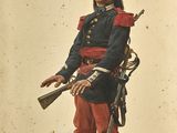 an old picture of a man in a uniform with a rifle