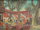 une peinture représentant un groupe de personnes assises à une table