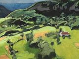 an oil painting of a green field with mountains in the background