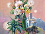 a painting of flowers in a vase on a table