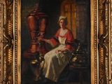 painting of a woman sitting in a chair in front of a vase