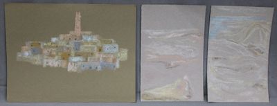 three paintings on a wall with a clock tower in the middle