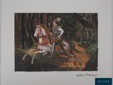 a painting of a man riding a horse in the woods