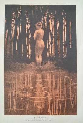 an old photo of a nude woman standing in the water