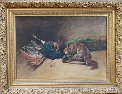 painting of a fox and a pheasant on a sandy ground